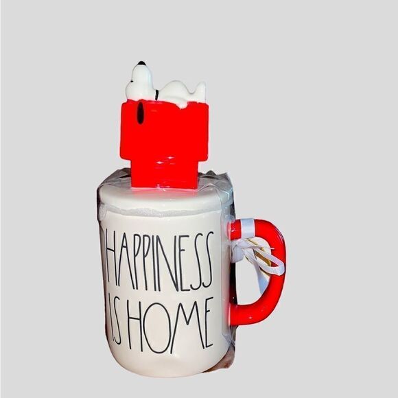 NWT PEANUTS RAE DUNN SNOOPY HAPPINESS IS HOME MUG WITH DOG HOUSE TOPPER - Picture 1 of 6
